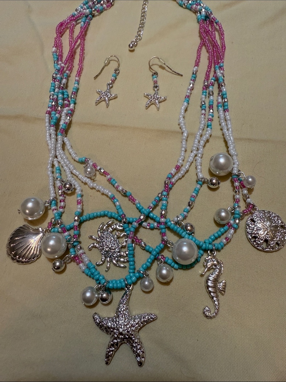 Boho Beach Multi-Strand Sea Life Necklace and Earring Set - Turquoise Pink White